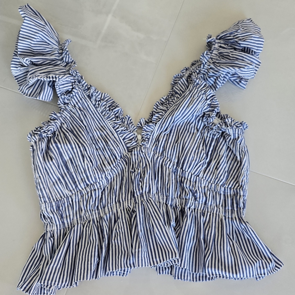 Sea New York Striped Ruffle Blouse - Blue and White - Size XL